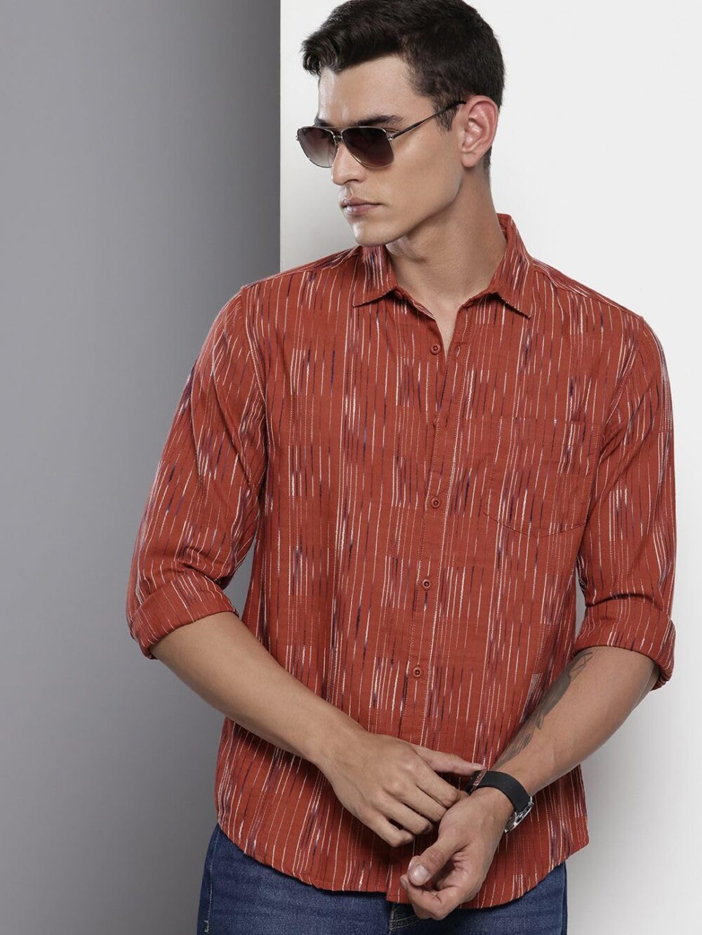 The Indian Garage Co Men Slim Fit Striped Casual Shirt (Rust_XL) - Image 7
