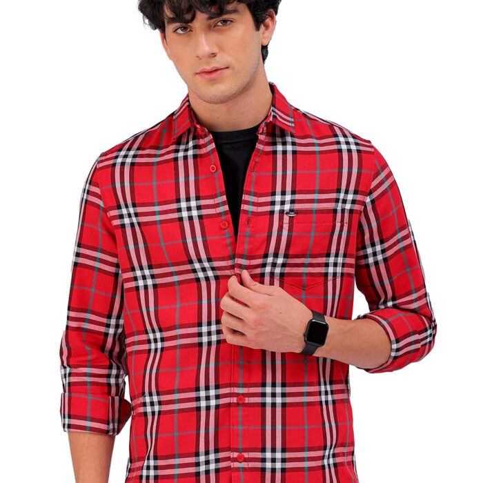 The Indian Garage Co Men's Cotton Slim Fit Shirt (1223-SHCHYD-05-01-Red-L_Red, Large