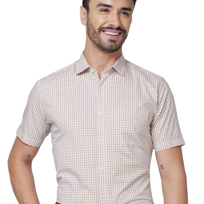 Park Avenue Regular Fit Checkered Light Brown Shirt (Size: 39)-PMSL18008-O2