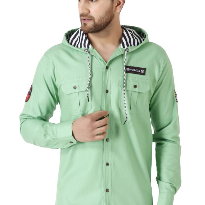 Besix Men's Green Tailored Fit Cotton Blend Shirt for Man with Hoodie - Casual Long Sleeve Shirt with Pockets - Patch Detail for Stylish Look, Classic, Stylish, Comfortable, Summer Shirt