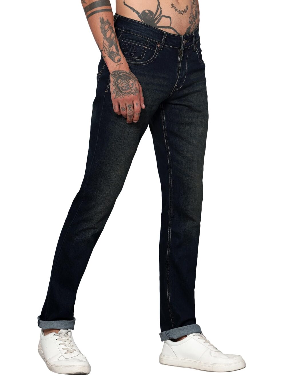 Cantabil Blue Solid Cotton Denim Flat Front Mid Rise Full Length Regular Fit Casual Jeans for Men | Denim for Mens | Mens Full Length Cotton Casual Jeans (MDNM00422_DIRTYEARTH_34) - Image 5