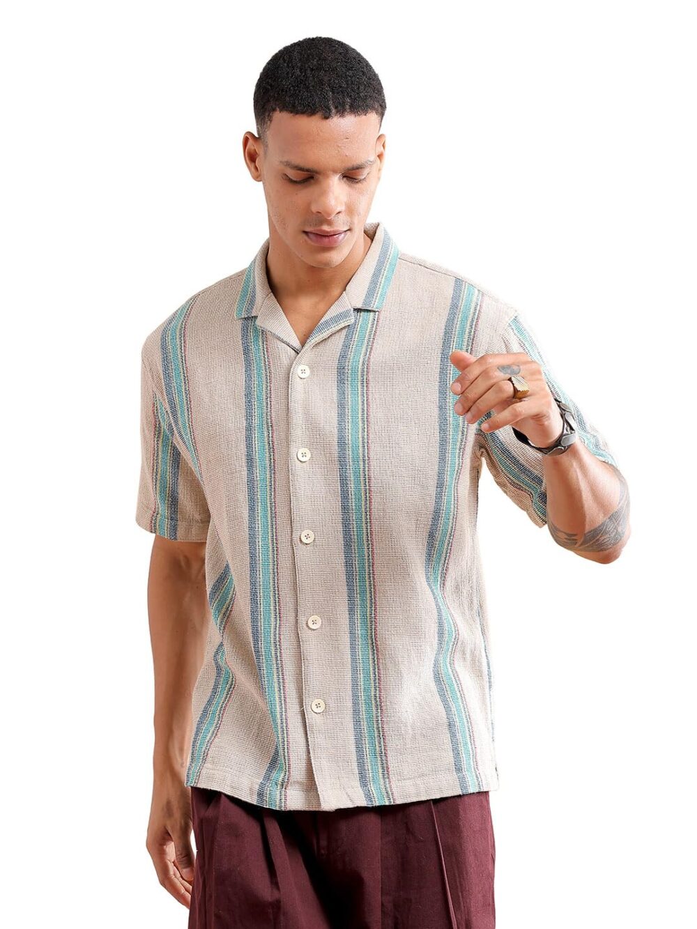 The Indian Garage Co Men's Cotton Relaxed Fit Shirt (0923-SHMKRS-08-01_Off White, Large