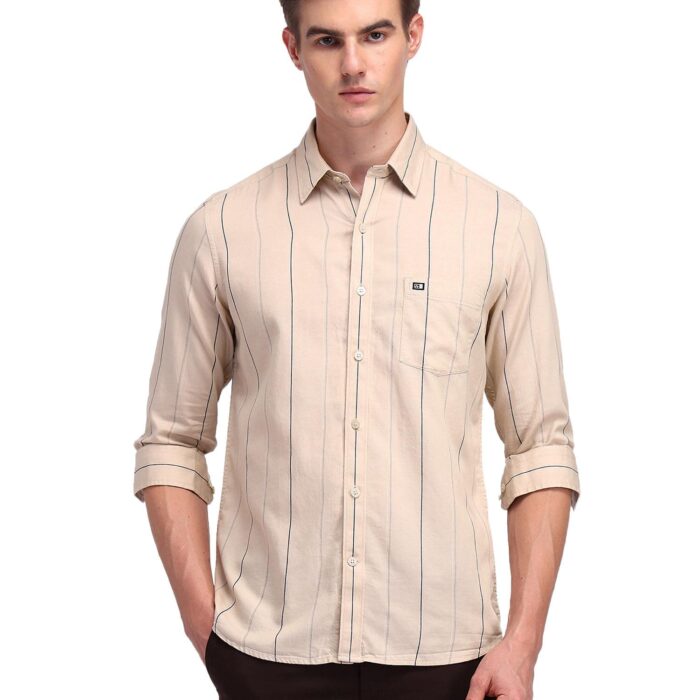 Arrow Sports Men Beige Striped Spread Collar Full Sleeve Casual Cotton Slim Fit Shirt (ASAISH1531_Beige_42)