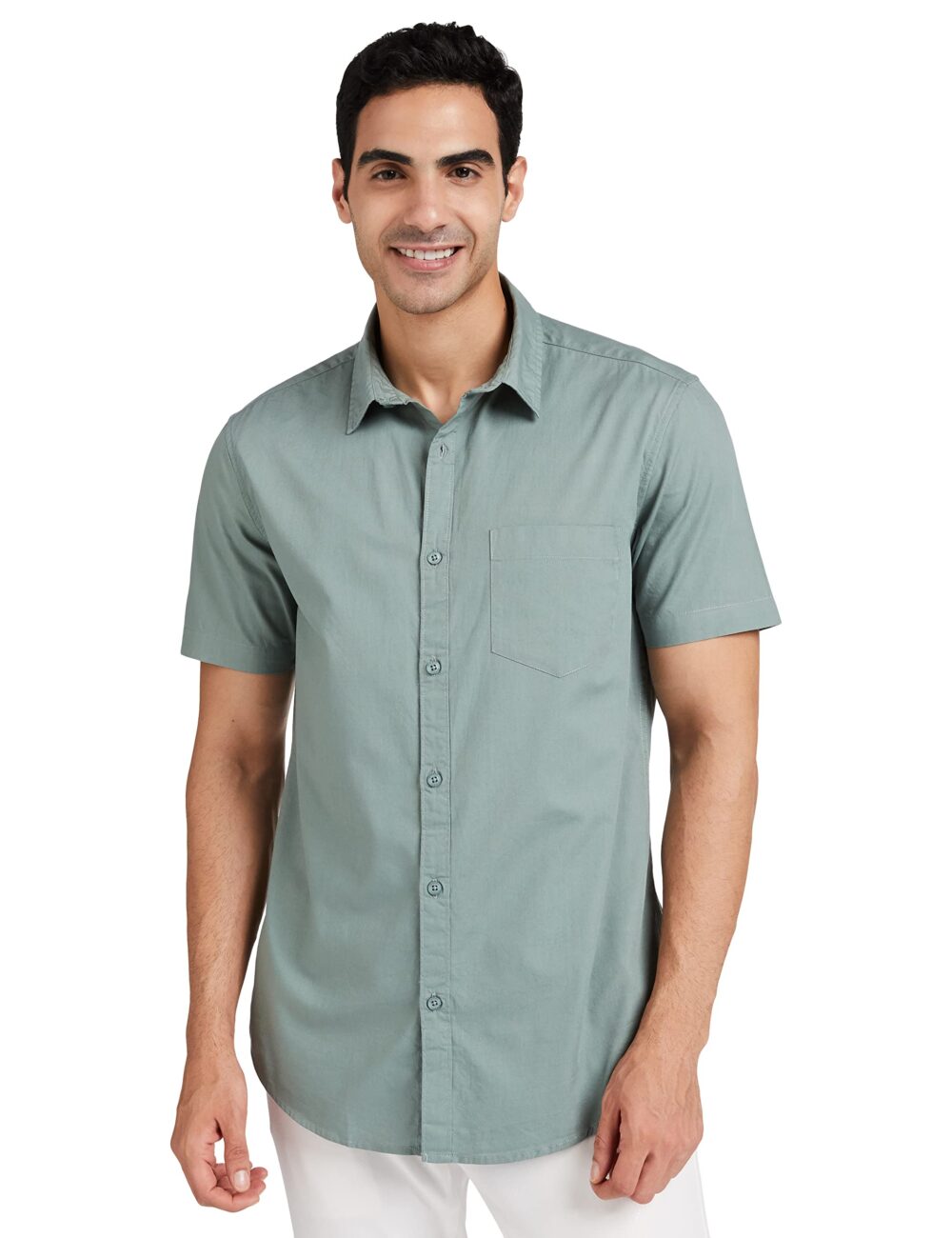 Amazon Brand - Symbol Men's Cotton Shirt | Casual | Plain | Half Sleeve - Regular Fit (Available in Plus Size) (Granite Green_L)