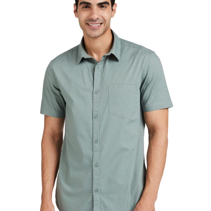 Amazon Brand - Symbol Men's Cotton Shirt | Casual | Plain | Half Sleeve - Regular Fit (Available in Plus Size) (Granite Green_L)