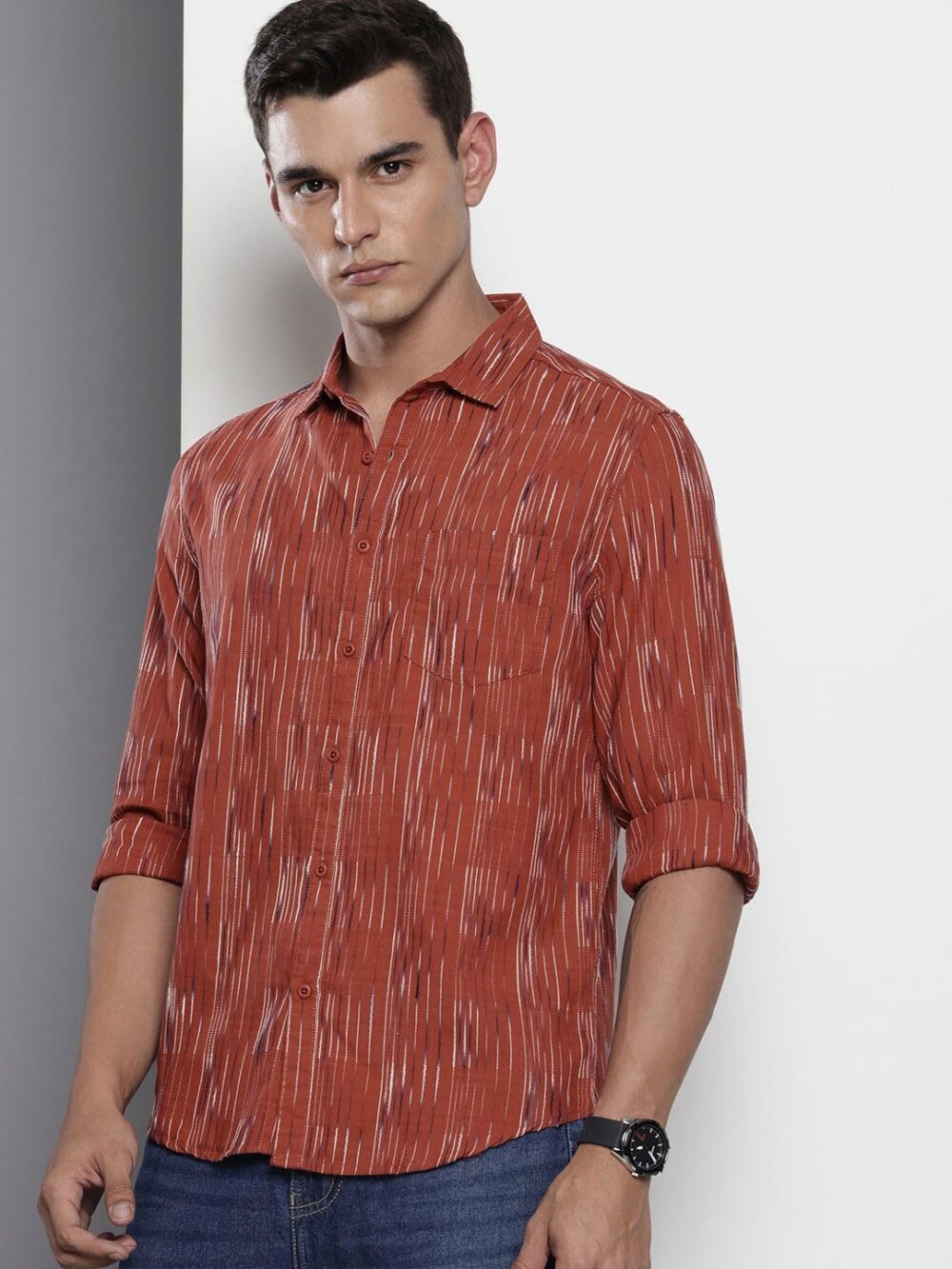 The Indian Garage Co Men Slim Fit Striped Casual Shirt (Rust_XL) - Image 3