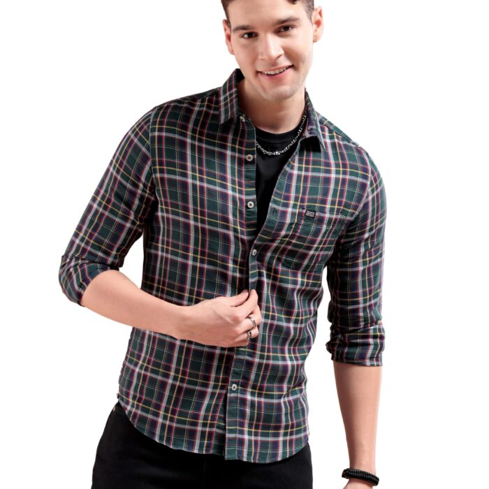 The Indian Garage Co Men's Checkered Slim Fit Shirt (1122-SHCCCPYD-01-01_Green L)