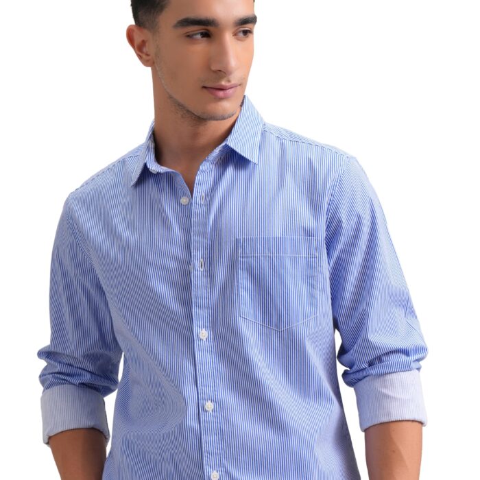 Highlander Men Cotton Slim Fit Shirt (PHSH000048_White/Indigo L)