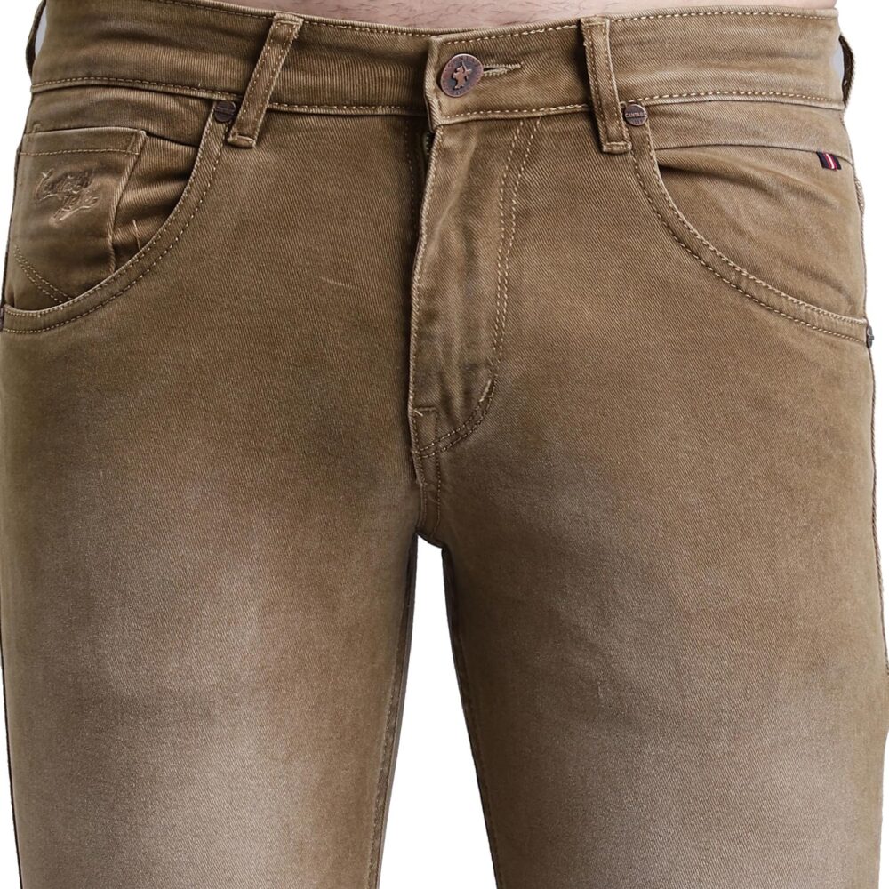 Cantabil Khaki Solid Cotton Denim Flat Front Mid Rise Full Length Regular Fit Casual Jeans for Men | Denim for Mens | Mens Full Length Cotton Casual Jeans (MDNM00417A_Khaki_34) - Image 2