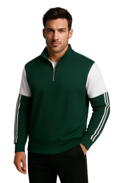 FN3 Stripe Half Zipper Solid Sweatshirt for Men ||Regular Fit Green