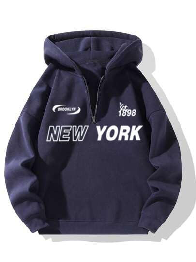 Trillion Men's Polyester Blend Modern Fit Half Zipper Printed Hoodies | (Navy Blue, 2XL)