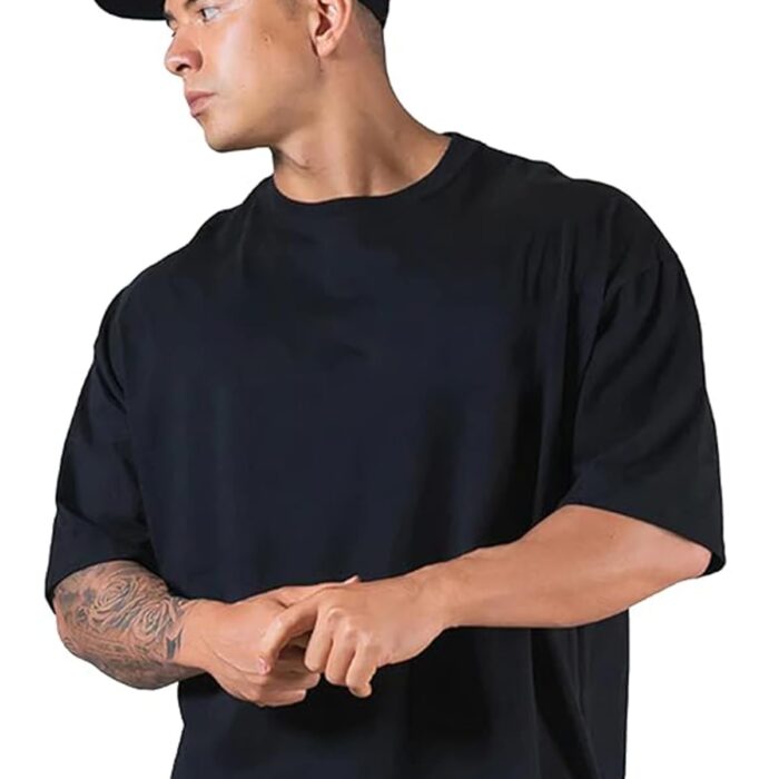 Veirdo®Black Oversized Baggy Fit Drop Shoulder Half Sleeves Round Neck Solid Pure Cotton T-Shirt for Men (OS_100_Black_M)