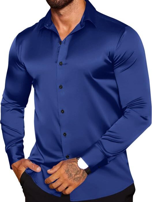 HEMILIQUE Men’s Premium Satin Cotton Shirt with Full Sleeves & Spread Collar | Smooth Finish | Slim Fit | Stylish Button Down Shirt for Evening, Casual, or Festive Looks Royal Blue