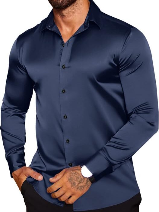 MADHAVISTA Men's Satin Formal Shirt for Party and Office Wear | Long Sleeve Slim Fit Shiny Dress Shirt for Wedding Business Event Dinner with Spread Collar Navy