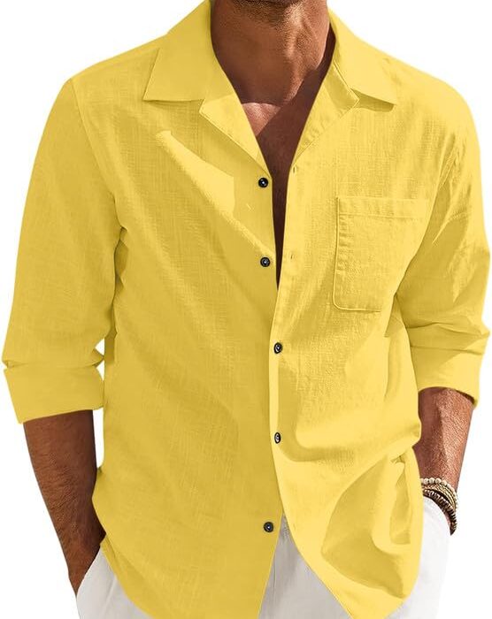 MADHAVISTA Men’s Casual Cotton Blend Shirt || Long Sleeve Button Down with Spread Collar || Lightweight Breathable Fabric || Stylish Solid Color Shirt for Beach, Office & Everyday Wear Yellow