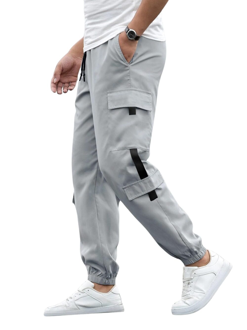 Lymio Men's Fashion Regular Fit Mid Rise Solid Cargo Jogger Pants Light Grey (TP-06-Grey-L)