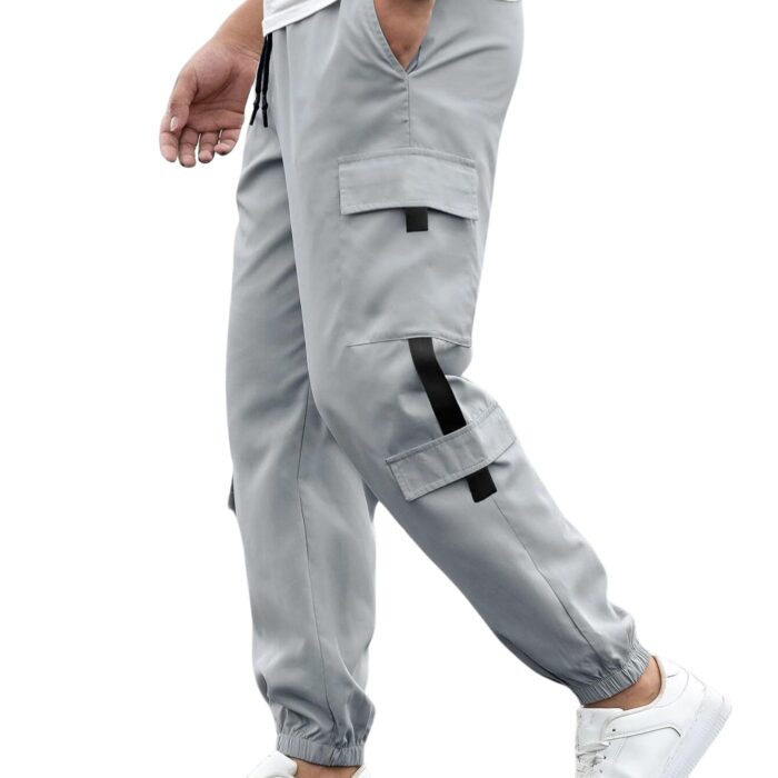 Lymio Men's Fashion Regular Fit Mid Rise Solid Cargo Jogger Pants Light Grey (TP-06-Grey-L)