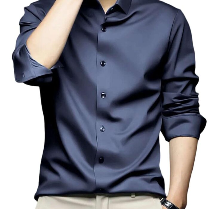 IndoPrimo Men's Stylish Solid Satin Casual Shirt for Men Full Sleeve Spread Collared Neck Classic Fit Curved Hem Length | Shir for Man | Navy L