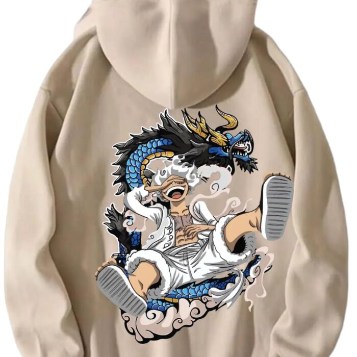 Tailed Beast Cotton Blend Regular Fit Hooded Sweatshirt, Luffy Back Design, Hoodie for Men & Women (Beige, X_Large)