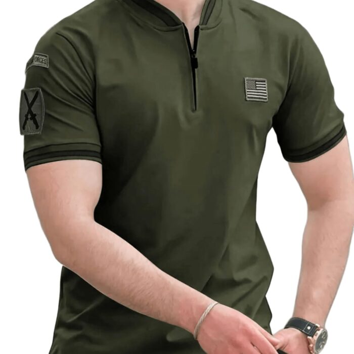 Lymio Mens Clothing Polyester Slim Fit Military Style Zipper T Shirt Olive Green (POLO-52-Olivegreen-L)