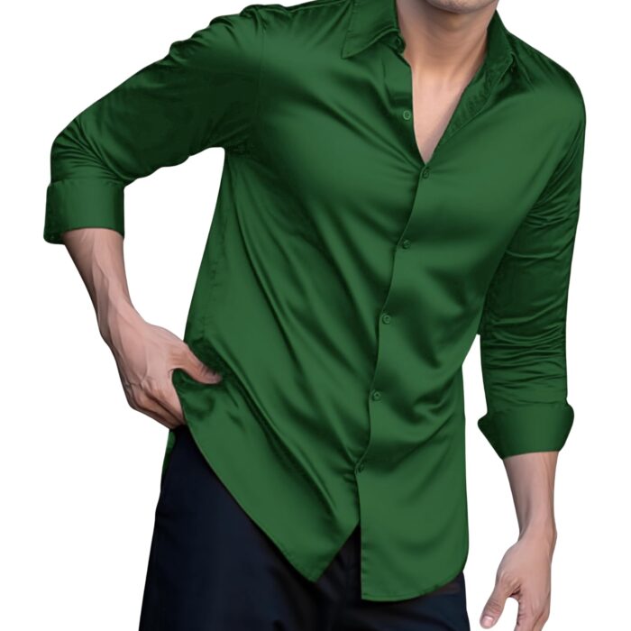 IndoPrimo Men's Casual Button Down Long Sleeve Satin Plain Shirt Green
