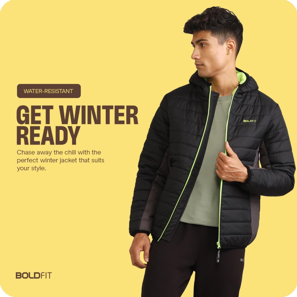 Boldfit Men's Quilted Polyester Standard Length Jacket Monsoon Winter Wear Hooded Winter Padded Bomber Full Sleeve Jacket Black Charcoal Small - Image 5