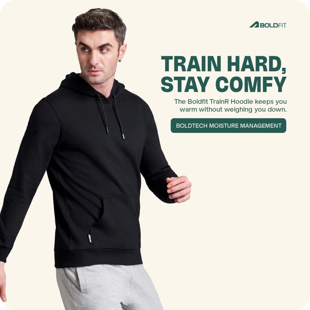 Boldfit Men s Stylish Cotton Branded Tailored Fit Hoodies Sweatshirt for Running, Gym Warm Travel Hoodies Pullover Hoodies for Men & Boys Terry - Black Medium - Image 5