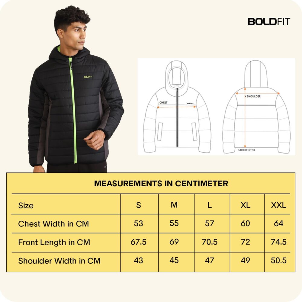 Boldfit Men's Quilted Polyester Standard Length Jacket Monsoon Winter Wear Hooded Winter Padded Bomber Full Sleeve Jacket Black Charcoal Small - Image 3