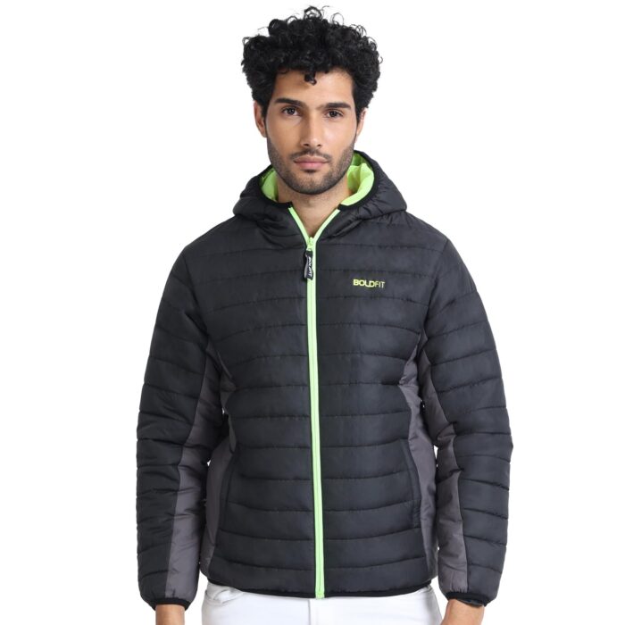 Boldfit Men's Quilted Polyester Standard Length Jacket Monsoon Winter Wear Hooded Winter Padded Bomber Full Sleeve Jacket Black Charcoal Small