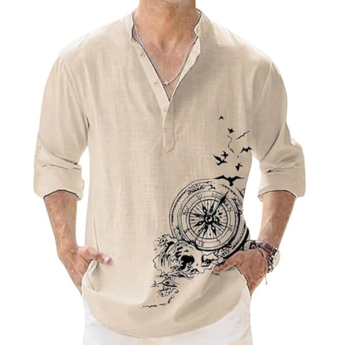 DEELMO Men's Cotton Blend Mandarin Collar Regular Fit Full Sleeve Casual Short Kurta, Beige, S