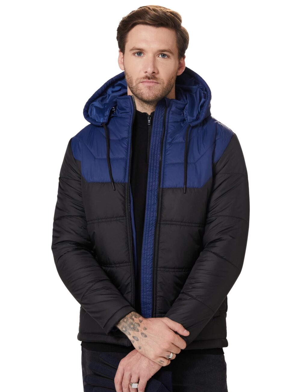 Amazon Brand - Symbol Men's Color Block Full Sleeves Polyester Regular Fit Just Below Waistline Bomber Jacket (AW21-SY-QWH-153_DNM Blue + Black_Large)