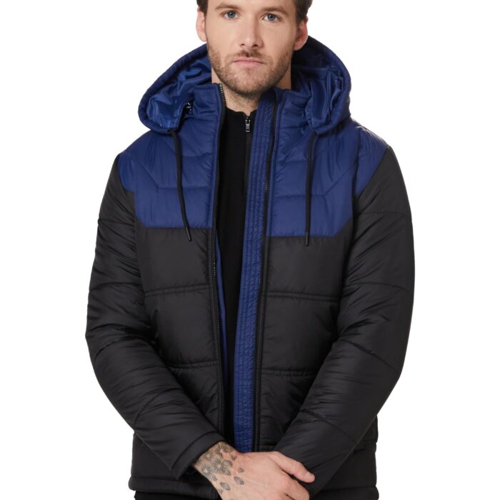 Amazon Brand - Symbol Men's Color Block Full Sleeves Polyester Regular Fit Just Below Waistline Bomber Jacket (AW21-SY-QWH-153_DNM Blue + Black_Large)