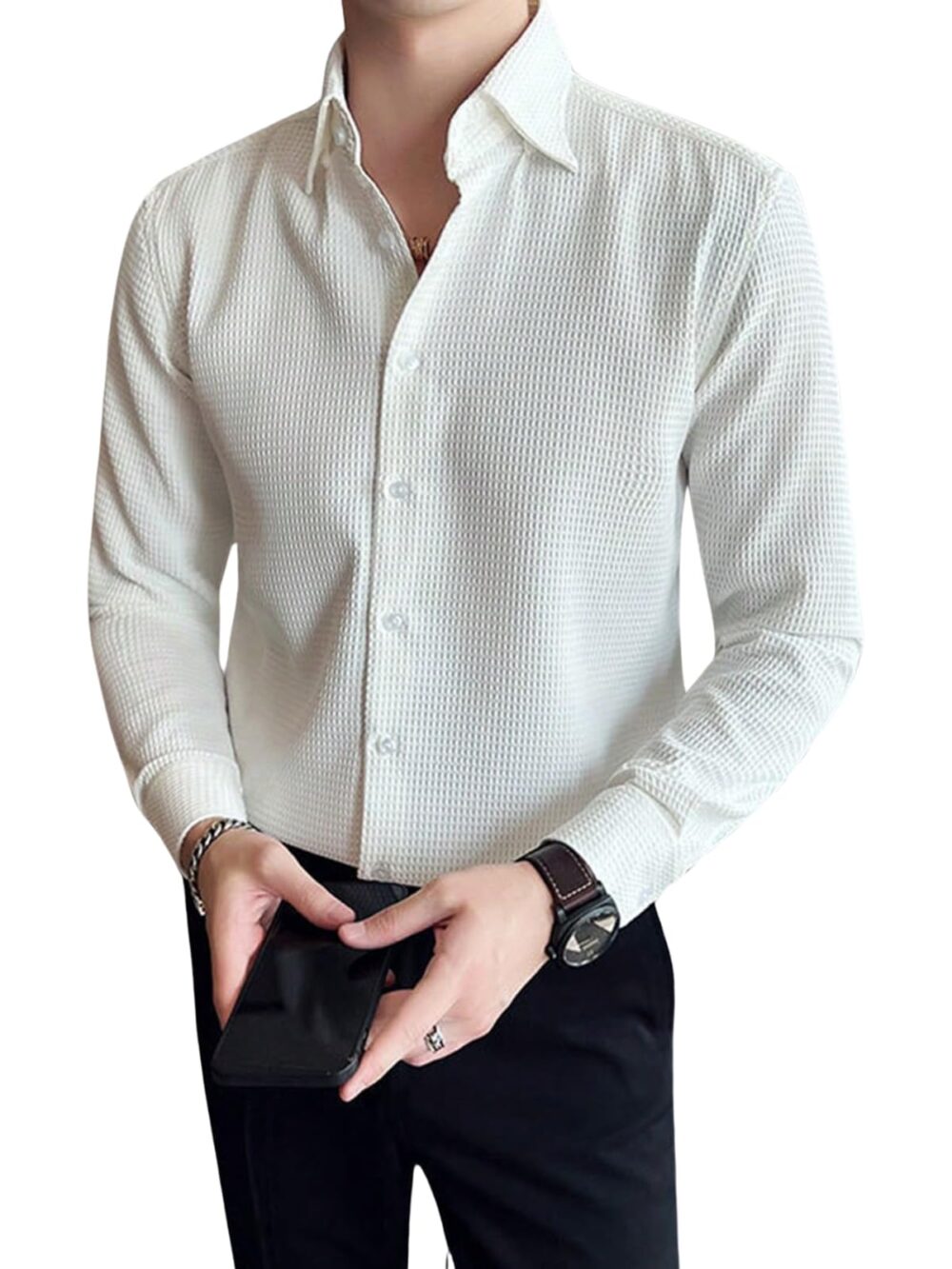 GRECIILOOKS Men's Formal Button Down Shirt – Slim Fit Office Wear Shirt's for Men | Textured Long Sleeve Cotton Blend | Business & Meeting Ready White
