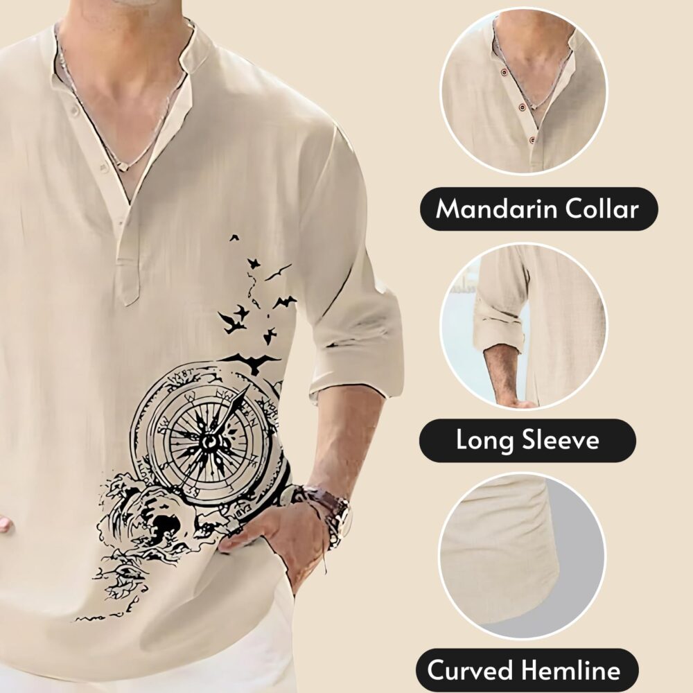 DEELMO Men's Cotton Blend Mandarin Collar Regular Fit Full Sleeve Casual Short Kurta, Beige, S - Image 8