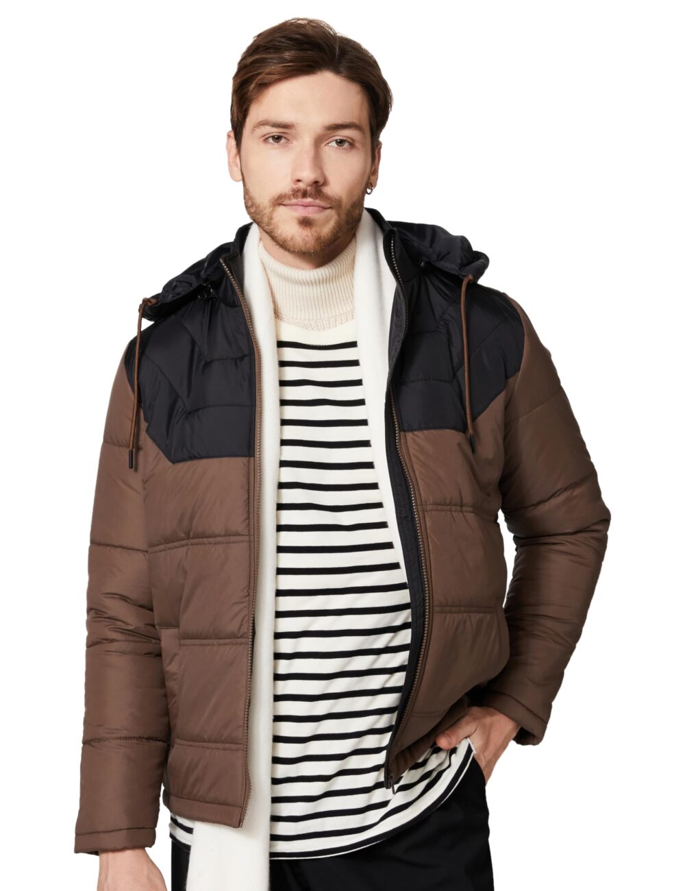 Amazon Brand - Symbol Men's Color Block Full Sleeves Regular Fit Bomber Jacket (AW21-SY-QWH-153_Black + Brown_L)