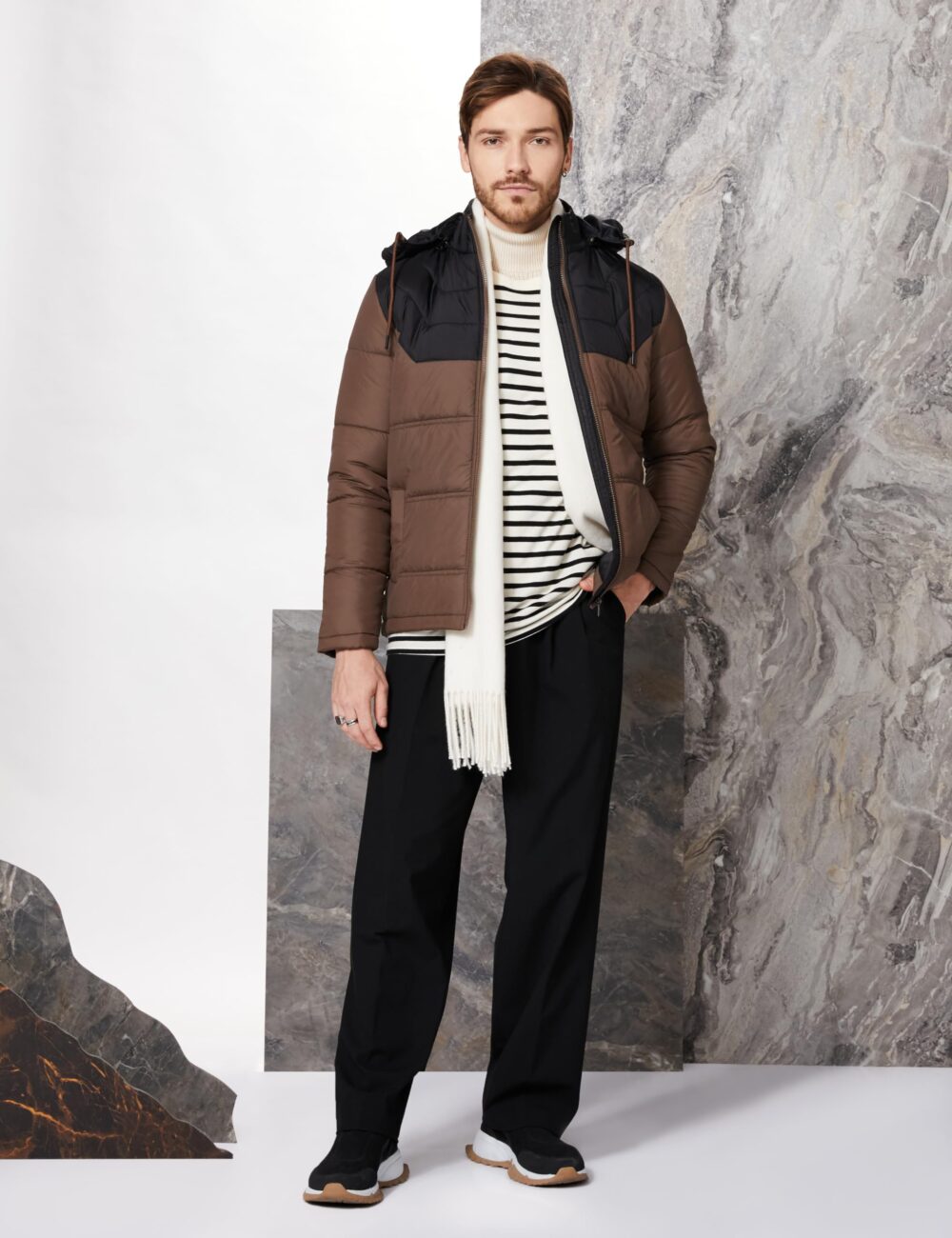 Amazon Brand - Symbol Men's Color Block Full Sleeves Regular Fit Bomber Jacket (AW21-SY-QWH-153_Black + Brown_L) - Image 5