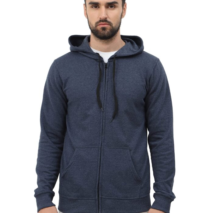 Wafaa Men's Cotton Plain Hooded Neck Full Zipper Navy Melange Color Sweatshirt Hoodies with Kangaroo Pocket XL Size