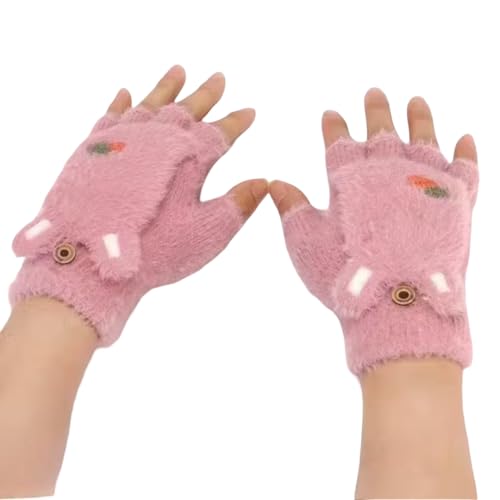 Winter Gloves for Women Woolen Warm Soft Fur Fleece Hand Gloves for Women and Girls Knitted Acrylic Wool Touchscreen Finger Cute Mitten (Freesize) Pink