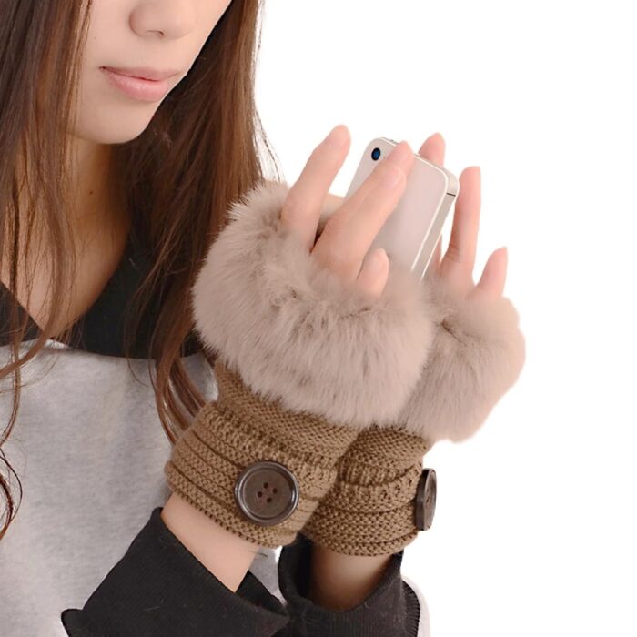 Brown Faux Rabbit Fur Mittens Women Fingerless Gloves knitted Arm Sleeves Winter Warmer Button Design for Women Girls