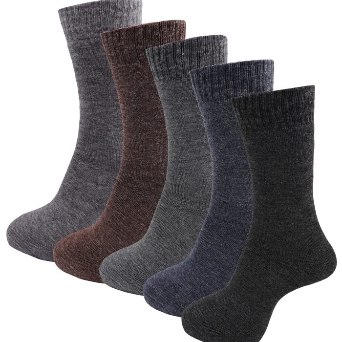 Men's Woolen Calf Length Solid Thick Terry Winter Wear Socks (Multicolor, Free Size) - Combo Pack of 5 Pairs