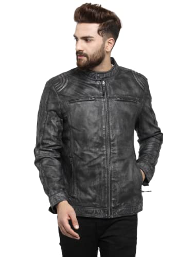 TEAKWOOD LEATHERS Men's Genuine Leather Regular Fit, Collared Neck Biker Jacket for Men (Black, S)