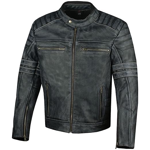 SHIFA LEATHER Motorcycle Distressed Cowhide Leather Armor Black Jacket Biker S