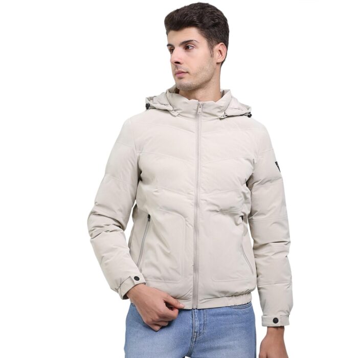 Monte Carlo Men Regular Fit Solid Hooded Neck Side Pocket Zipper Closure Full Sleeve Winter Jacket | Full Sleeve Zipper Jacket | Winter Wear For Men Cream L_P1