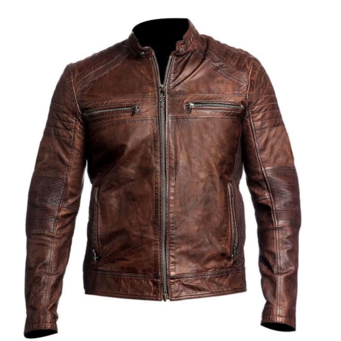DECIMAL Men's Black & BROWN Genuine Lambskin Leather Biker Jacket VINTAGE REAL MOTORCYCLE JACKETS FOR MEN, Distressed Brown, Large
