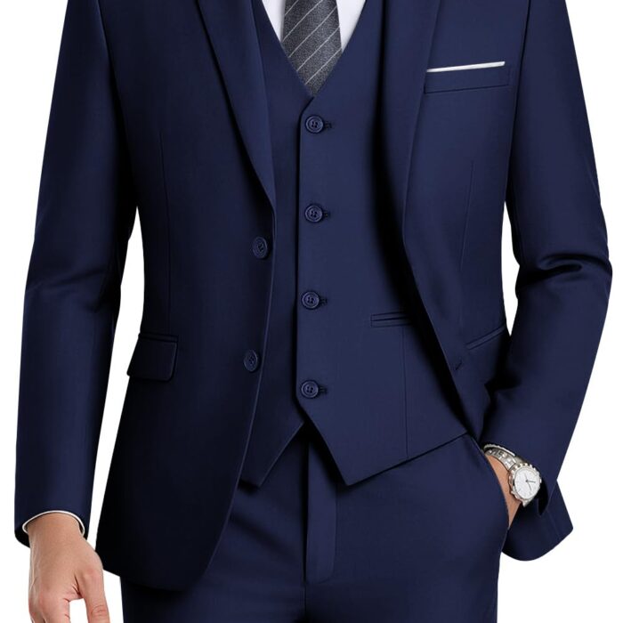 Men's 3-Piece Slim Fit Suit Set-2-Button Blazer,Vest & Pants-Formal Wedding,Prom,Party & Business Tuxedo, Navy Blue, Large
