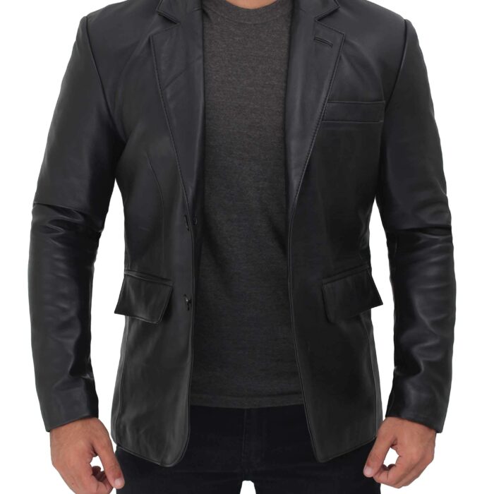 Black Car Coat Men - Leather Single Breasted Blazer For Men | [1502684] Brandon Black