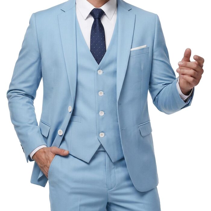 Men's 3 Piece Suit Notch Lapel 2 Button Blazer Slim Fit Dress Business Wedding Party Jacket Vest Pants & Tie Set Sky
