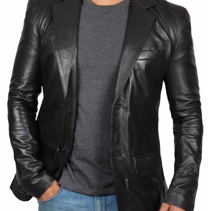 Mens Leather Blazer Jacket - Real Lambskin Sport Coat with Notch Lapel Collar, 2-button - Black, Small